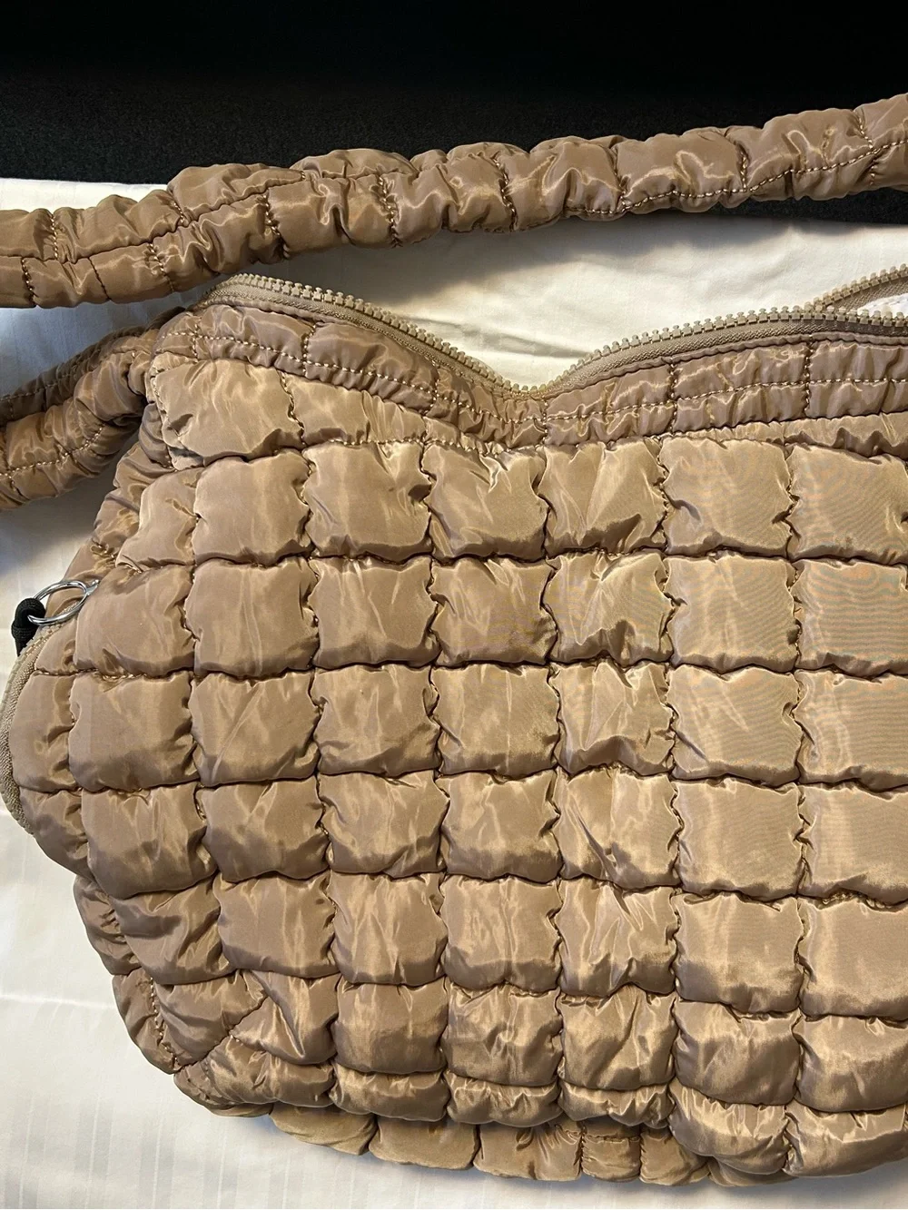 Puffer Quilted Shoulder Bag in Taupe Satin